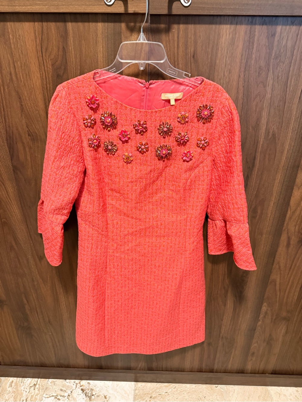 Michael Kors Collection Coral Embellished Long-Sleeve Shift Dress, Size 10